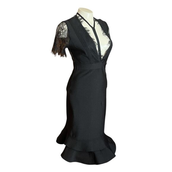 Venus‎ Black Chantilly Lace Black Bandage VNeck Dress Ruffle Hem - Picture 3 of 9